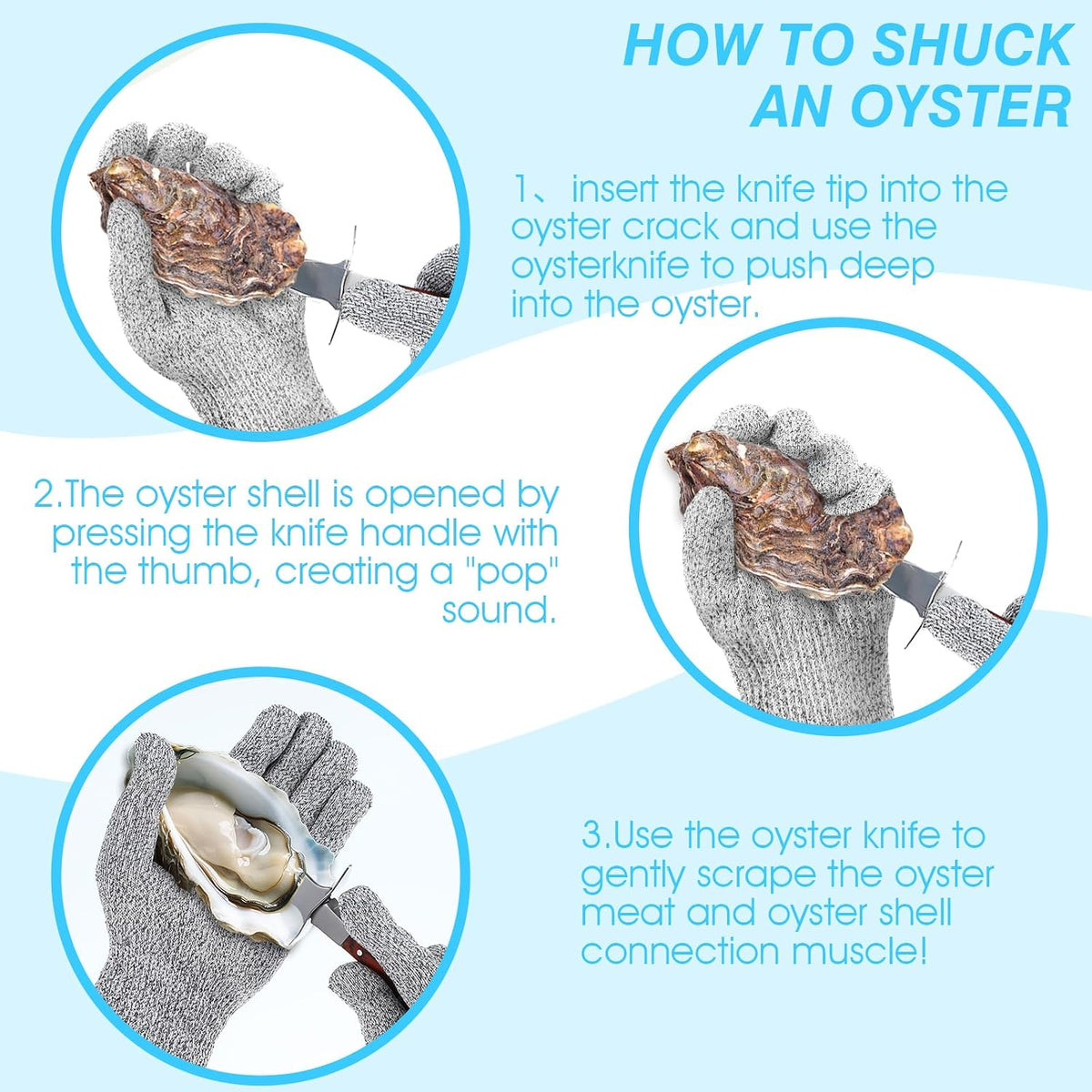 3 Set Oyster Shucker, Oyster Shucking Knife for Oyster Clam Pearl Shell Shucking, Shucking Tool Kit, 3 Stainless Steel Oyster Knifes with Wooden Handle 3 Pairs Oyster Shucking Gloves