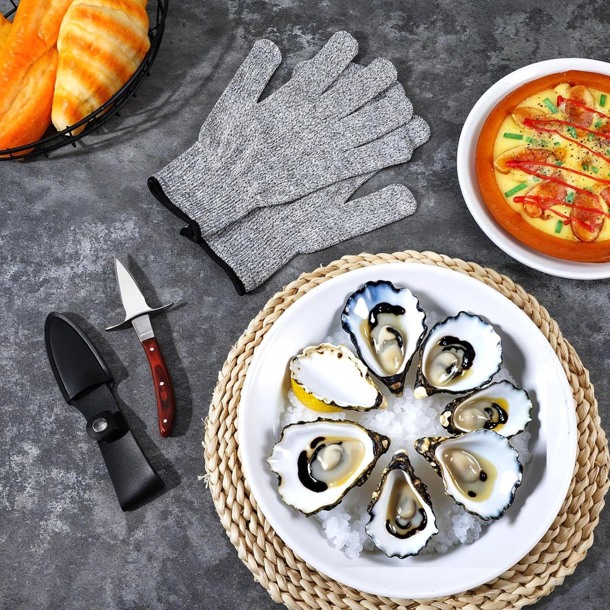 3 Set Oyster Shucker, Oyster Shucking Knife for Oyster Clam Pearl Shell Shucking, Shucking Tool Kit, 3 Stainless Steel Oyster Knifes with Wooden Handle 3 Pairs Oyster Shucking Gloves
