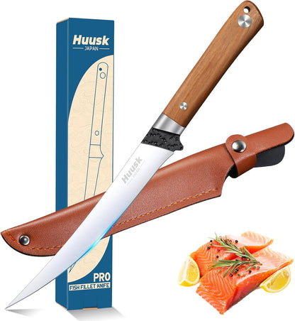 Huusk 6 inch Fillet Knife - Sharp Japanese Fillet Knife for Fish | Wooden Handle, Professional Flexible Boning Knives, Gift Box, for Meat Cutting and Trimming