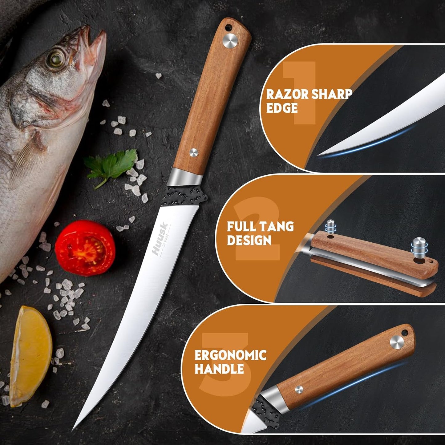 Huusk 6 inch Fillet Knife - Sharp Japanese Fillet Knife for Fish | Wooden Handle, Professional Flexible Boning Knives, Gift Box, for Meat Cutting and Trimming