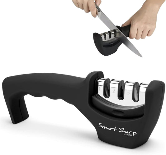 Smart Sharp Knife Sharpener, 3 Stage, for Kitchen Knives, Black | 3 step sharpening - quick, easy, effective and safe - restores dull blades, comfort handle, for kitchen knives