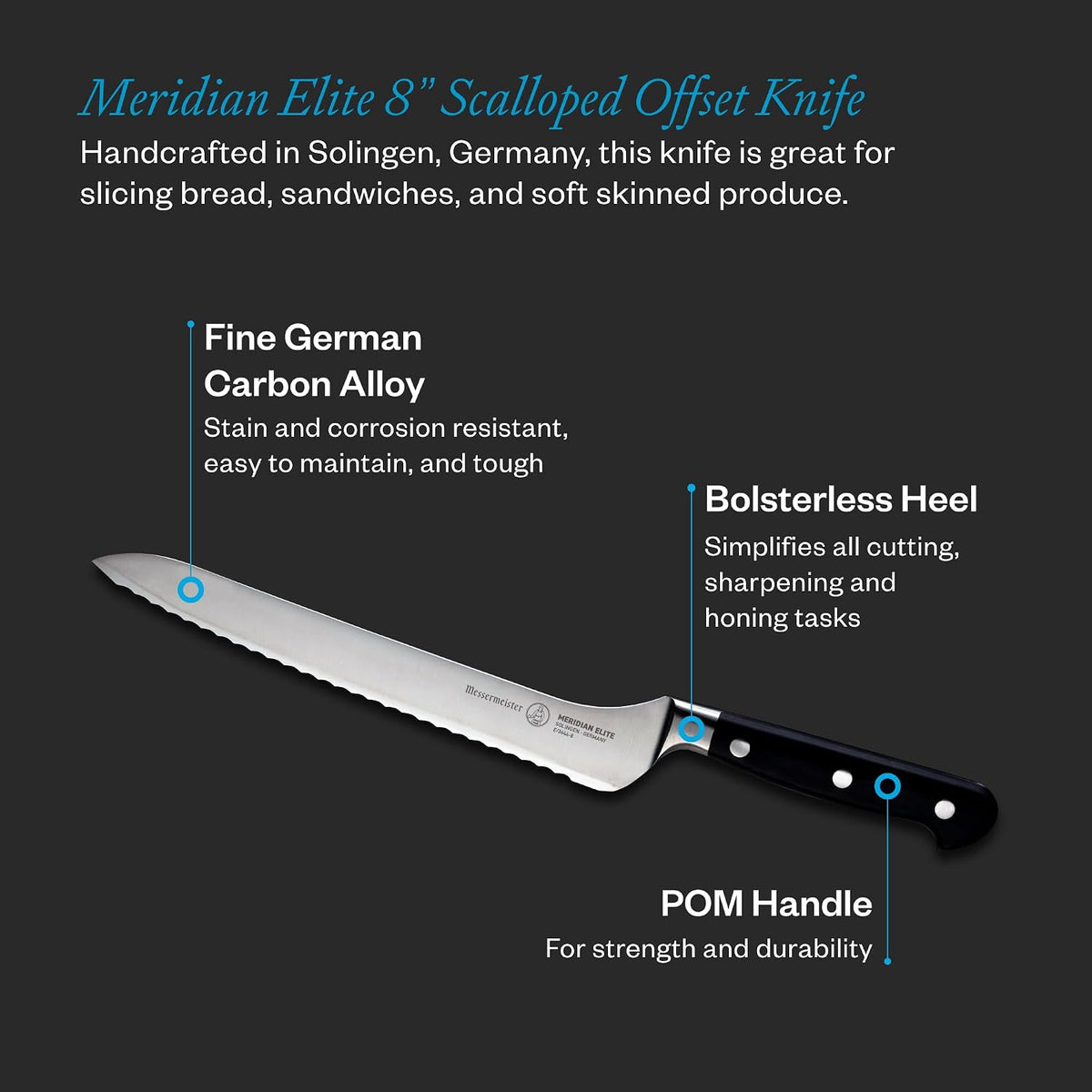 Meridian Elite 8” Scalloped Offset Knife - Fine German Steel Alloy Blade - Rust Resistant & Easy to Maintain