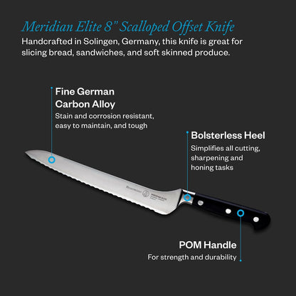 Meridian Elite 8” Scalloped Offset Knife - Fine German Steel Alloy Blade - Rust Resistant & Easy to Maintain
