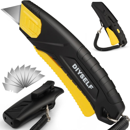 Self-Retracting Safety Box Cutter with Holster and 10 SK5 Blades | Non-slip utility knife, razor knife and box opener for warehouse, retail and home use, ideal as navajas para trabajo