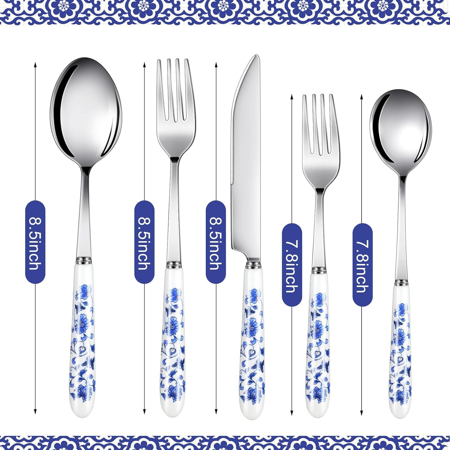 10 Pcs Chinoiserie Silverware Set Blue and White Porcelain Silverware Christmas Gift Stainless Steel Utensils Set with Ceramic Handle Includes Knives Forks Spoon High Tea Gift for Wedding