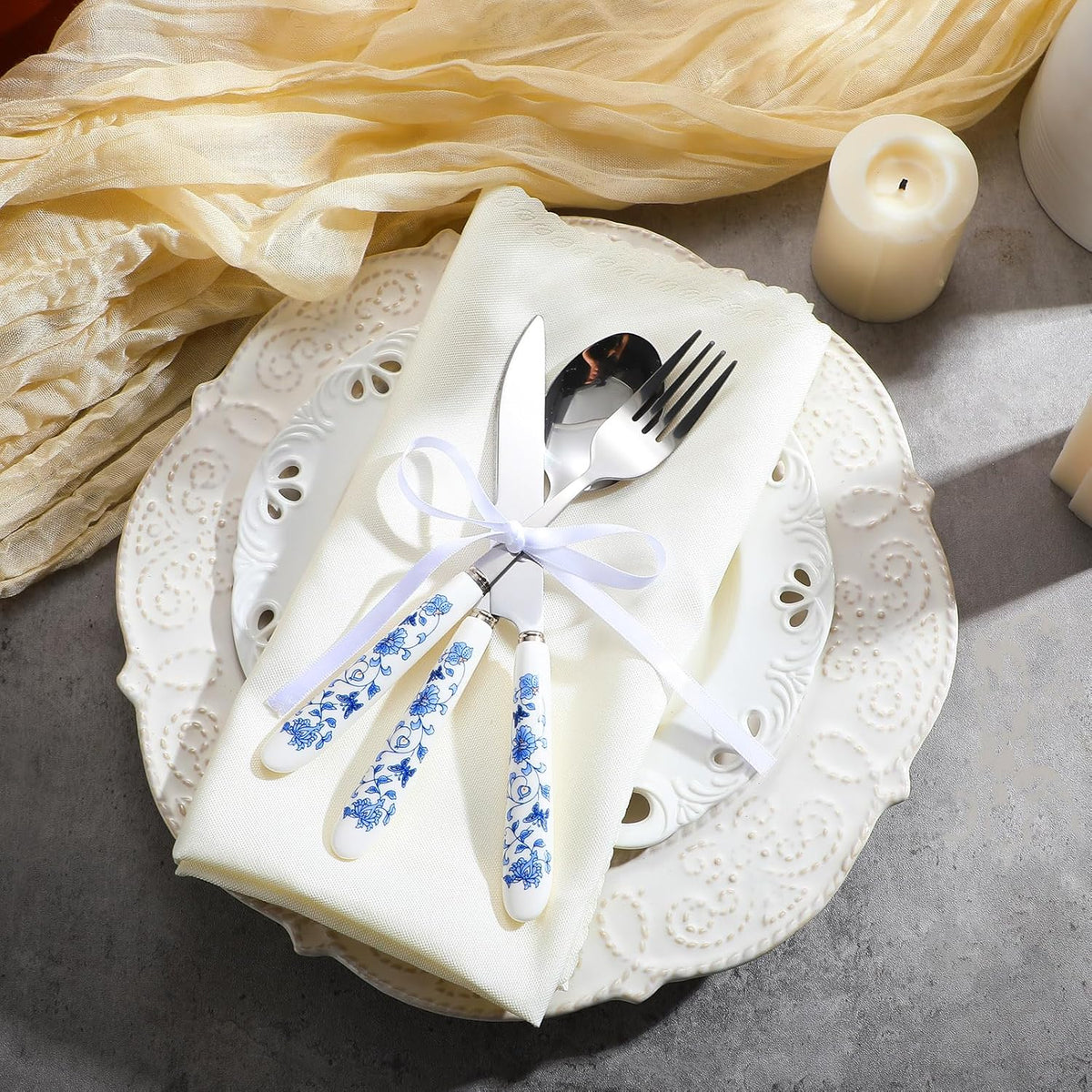 10 Pcs Chinoiserie Silverware Set Blue and White Porcelain Silverware Christmas Gift Stainless Steel Utensils Set with Ceramic Handle Includes Knives Forks Spoon High Tea Gift for Wedding
