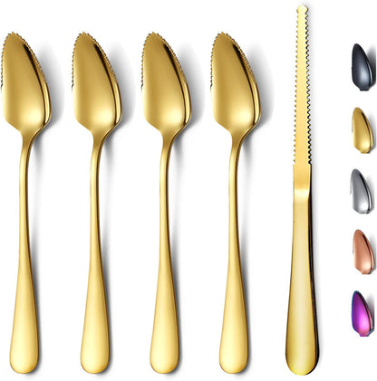 Gold Grapefruit Spoons 5 Pieces Set, 4 Stainless Steel Grapefruit Spoon And 1 Grapefruit knife With Titanium Plating, Grapefruit Utensil Set, Serrated Edges Spoon pack of 5 (Gold)