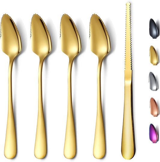 Gold Grapefruit Spoons 5 Pieces Set, 4 Stainless Steel Grapefruit Spoon And 1 Grapefruit knife With Titanium Plating, Grapefruit Utensil Set, Serrated Edges Spoon pack of 5 (Gold)