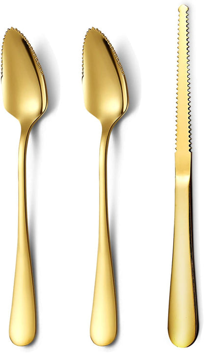 Gold Grapefruit Spoons 5 Pieces Set, 4 Stainless Steel Grapefruit Spoon And 1 Grapefruit knife With Titanium Plating, Grapefruit Utensil Set, Serrated Edges Spoon pack of 5 (Gold)