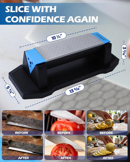 4-in-1 Diamond Knife Sharpener Stone – 400/600/1000 Grit 3-Sided sharpener with Steel Slot & Angle Guide (14°/17°/20°) – Coarse, Medium & Fine Sharpening for Kitchen, Hunting, Knives & Tools