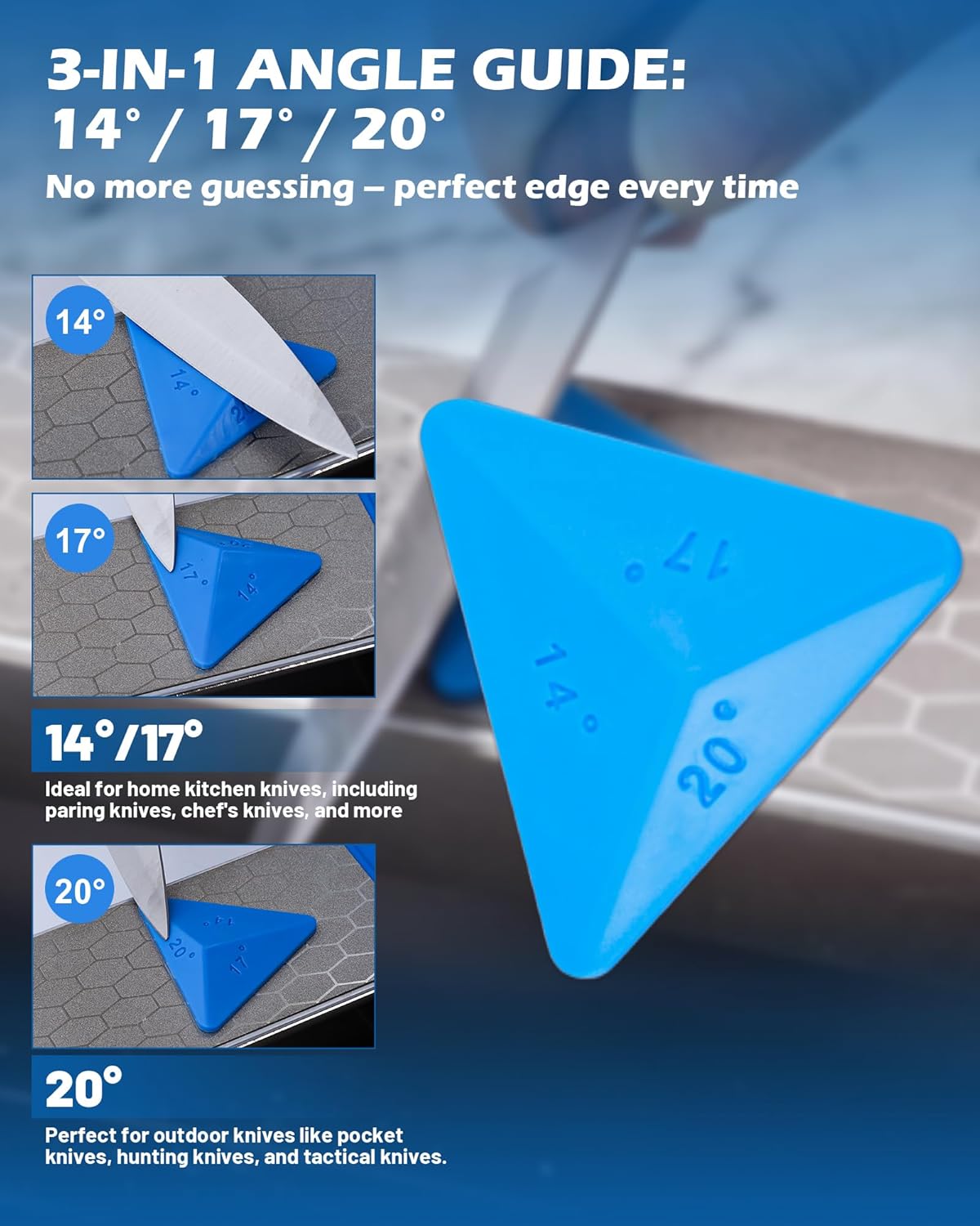 4-in-1 Diamond Knife Sharpener Stone – 400/600/1000 Grit 3-Sided sharpener with Steel Slot & Angle Guide (14°/17°/20°) – Coarse, Medium & Fine Sharpening for Kitchen, Hunting, Knives & Tools