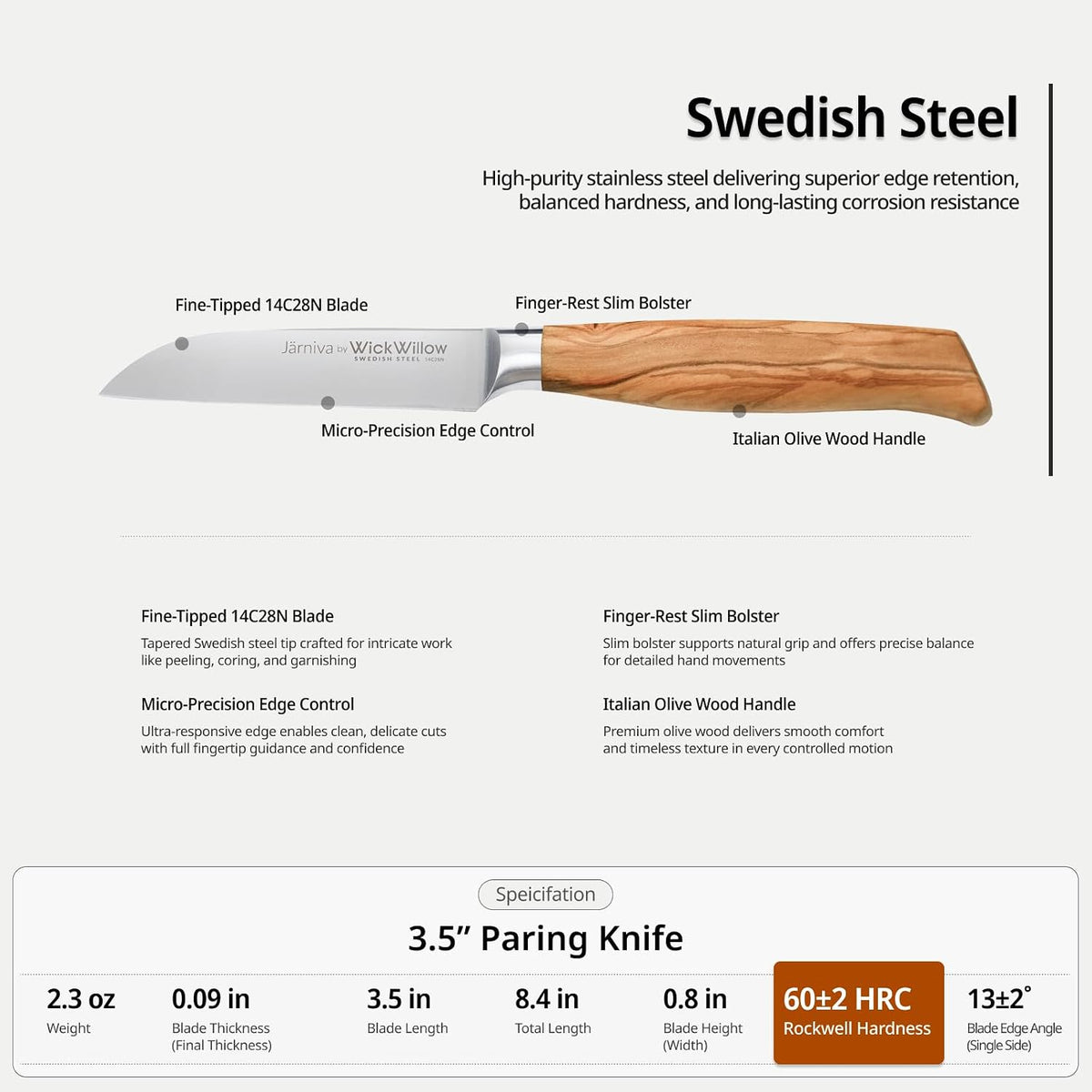 3.5” Paring Knife – Swedish Steel, Olive Wood Handle