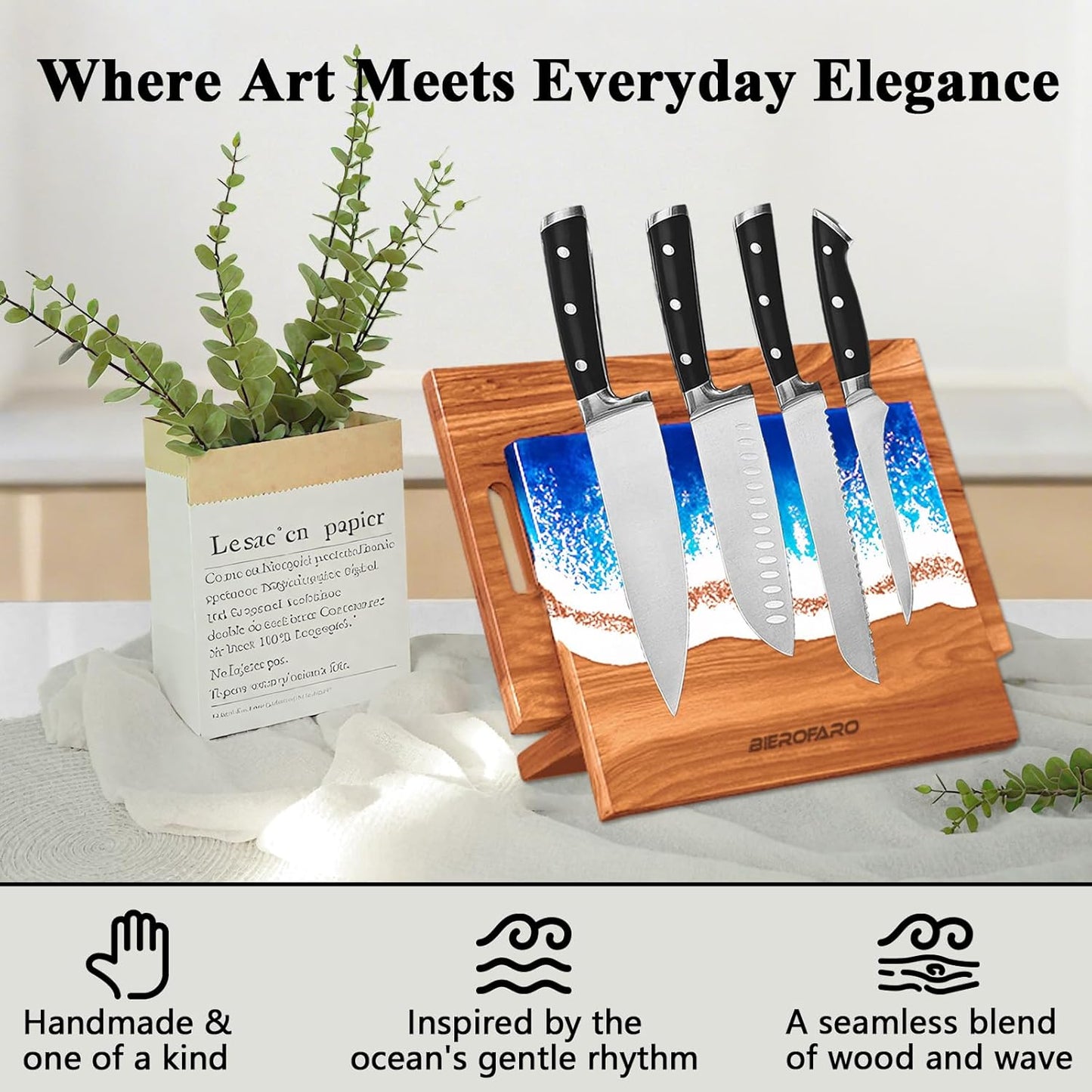 Wooden Magnetic Knife Holder – Freestanding Knife Block with Cutting Board Holder, Countertop Magnetic Knife Stand in Acacia Wood with Resin Design