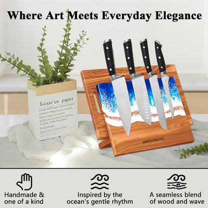 Wooden Magnetic Knife Holder – Freestanding Knife Block with Cutting Board Holder, Countertop Magnetic Knife Stand in Acacia Wood with Resin Design