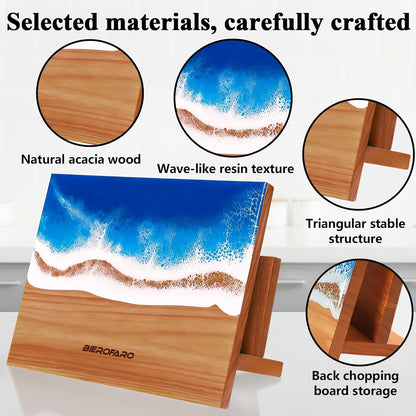 Wooden Magnetic Knife Holder – Freestanding Knife Block with Cutting Board Holder, Countertop Magnetic Knife Stand in Acacia Wood with Resin Design