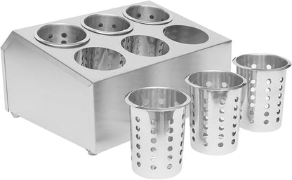 Commercial 4-Hole Stainless Steel Cylinder Flatware Silverware Utensil Holder Organizer Caddy, Detachable Countertop Utensil Dispenser for Forks Spoons Knives for Restaurant Kitchen Buffet