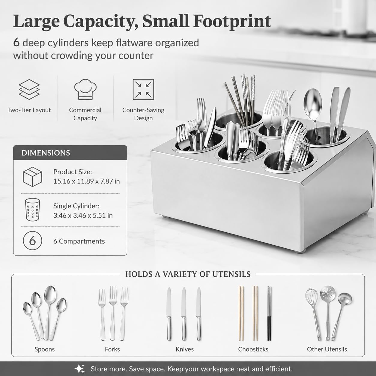 Commercial 4-Hole Stainless Steel Cylinder Flatware Silverware Utensil Holder Organizer Caddy, Detachable Countertop Utensil Dispenser for Forks Spoons Knives for Restaurant Kitchen Buffet