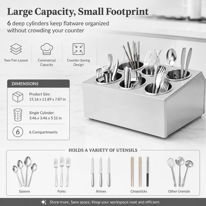 Commercial 4-Hole Stainless Steel Cylinder Flatware Silverware Utensil Holder Organizer Caddy, Detachable Countertop Utensil Dispenser for Forks Spoons Knives for Restaurant Kitchen Buffet