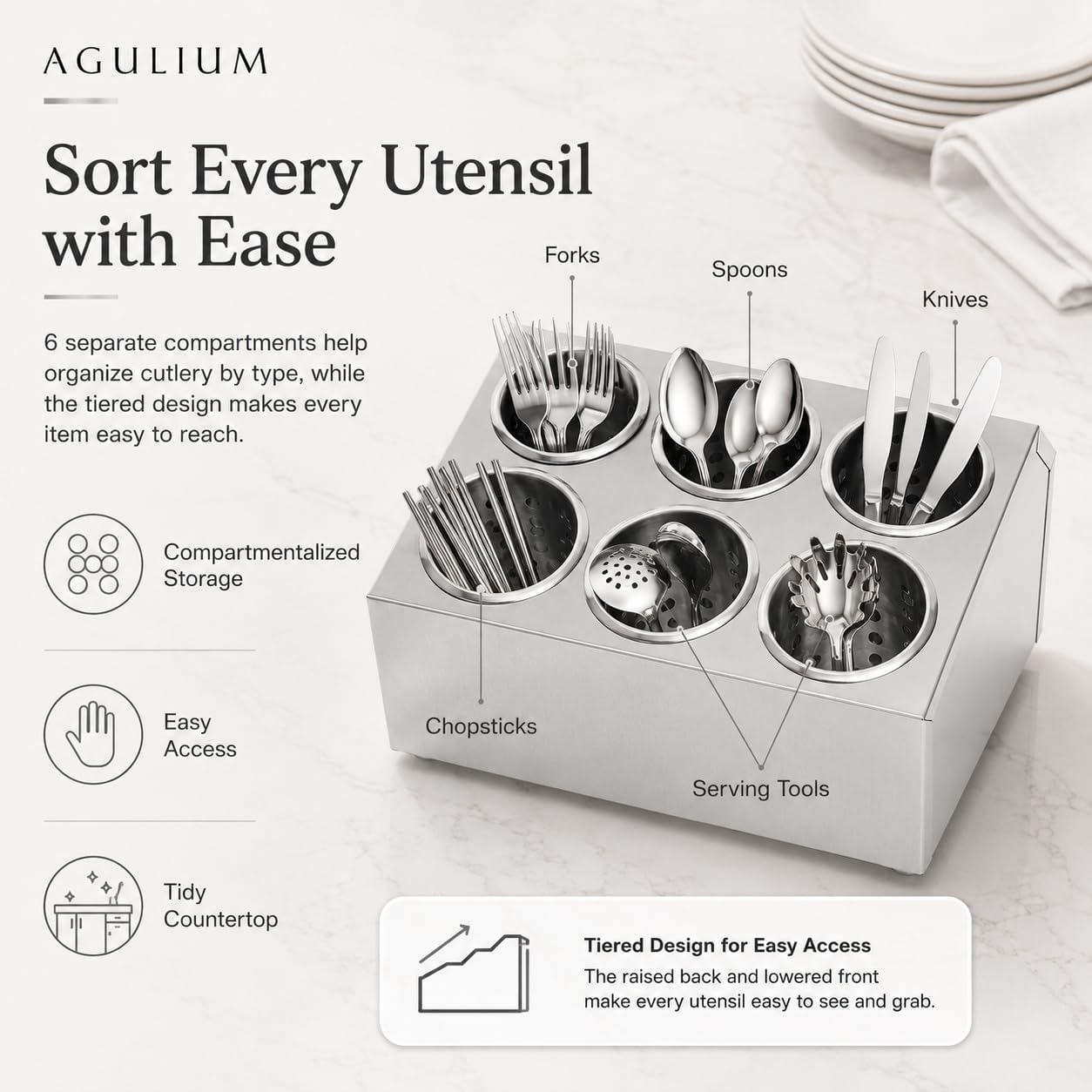 Commercial 4-Hole Stainless Steel Cylinder Flatware Silverware Utensil Holder Organizer Caddy, Detachable Countertop Utensil Dispenser for Forks Spoons Knives for Restaurant Kitchen Buffet