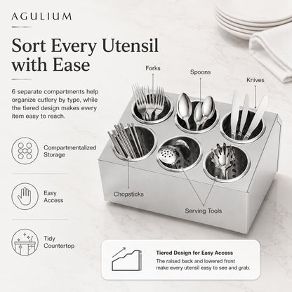 Commercial 4-Hole Stainless Steel Cylinder Flatware Silverware Utensil Holder Organizer Caddy, Detachable Countertop Utensil Dispenser for Forks Spoons Knives for Restaurant Kitchen Buffet