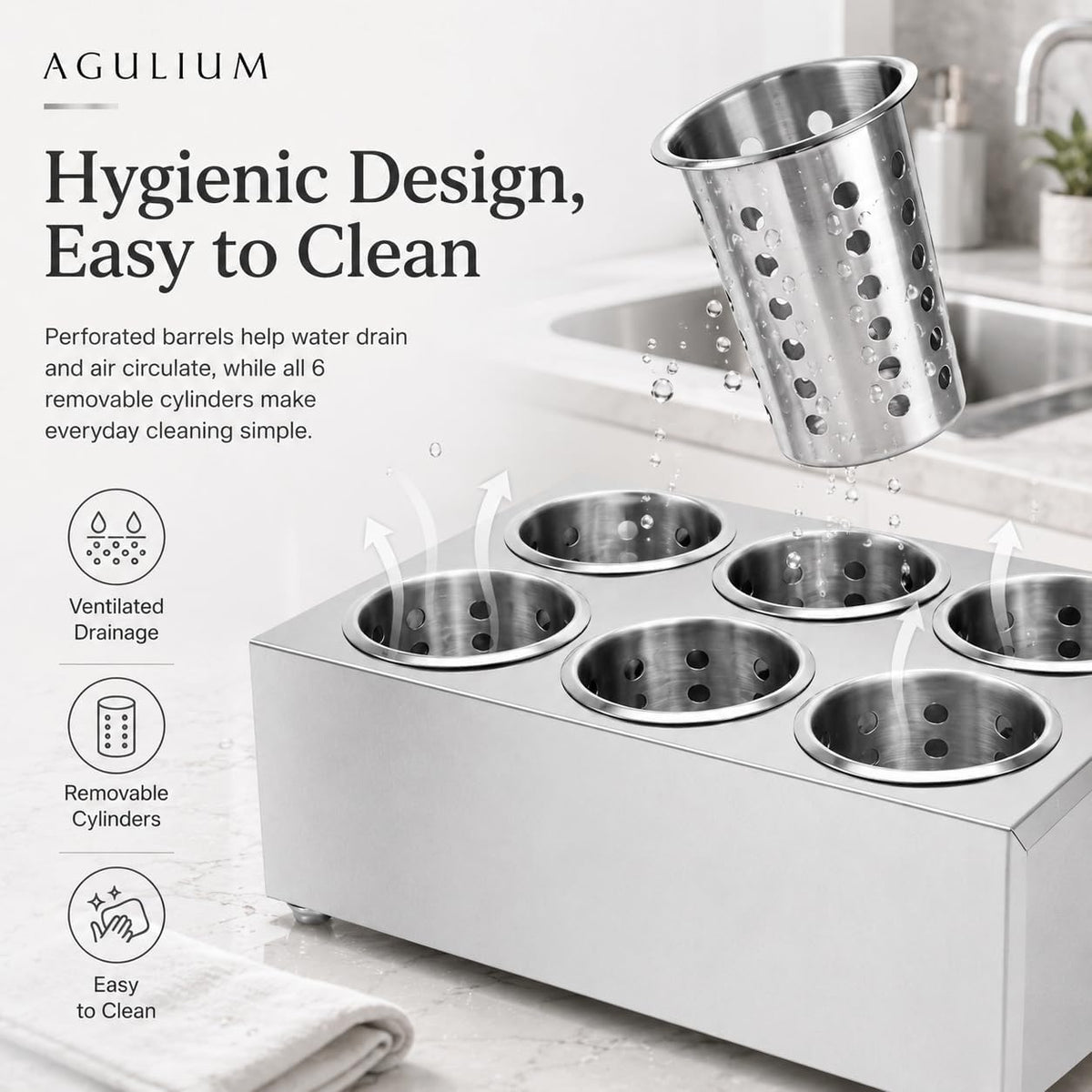 Commercial 4-Hole Stainless Steel Cylinder Flatware Silverware Utensil Holder Organizer Caddy, Detachable Countertop Utensil Dispenser for Forks Spoons Knives for Restaurant Kitchen Buffet
