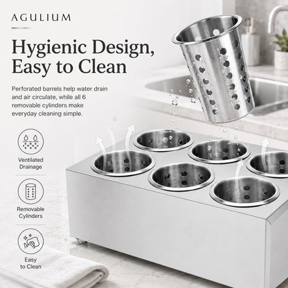 Commercial 4-Hole Stainless Steel Cylinder Flatware Silverware Utensil Holder Organizer Caddy, Detachable Countertop Utensil Dispenser for Forks Spoons Knives for Restaurant Kitchen Buffet