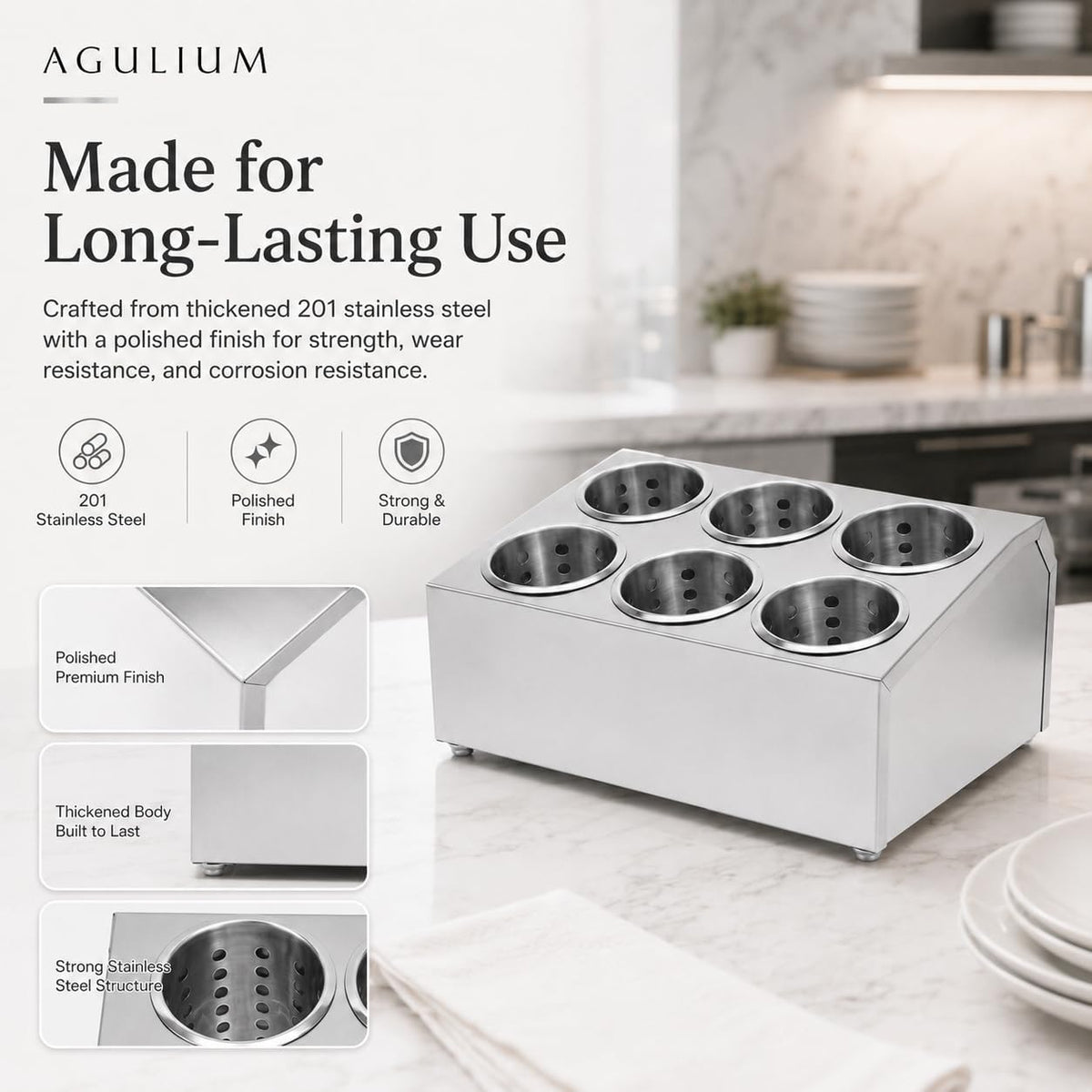 Commercial 4-Hole Stainless Steel Cylinder Flatware Silverware Utensil Holder Organizer Caddy, Detachable Countertop Utensil Dispenser for Forks Spoons Knives for Restaurant Kitchen Buffet
