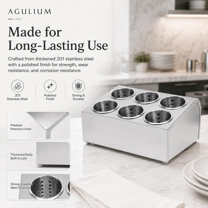 Commercial 4-Hole Stainless Steel Cylinder Flatware Silverware Utensil Holder Organizer Caddy, Detachable Countertop Utensil Dispenser for Forks Spoons Knives for Restaurant Kitchen Buffet