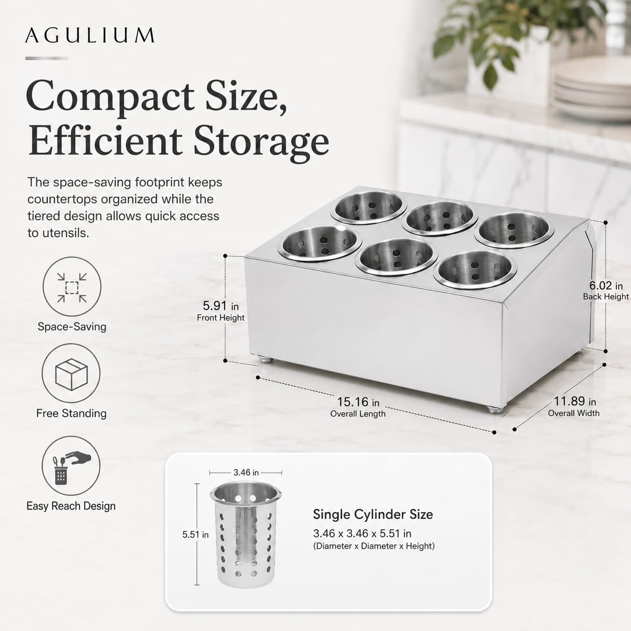 Commercial 4-Hole Stainless Steel Cylinder Flatware Silverware Utensil Holder Organizer Caddy, Detachable Countertop Utensil Dispenser for Forks Spoons Knives for Restaurant Kitchen Buffet