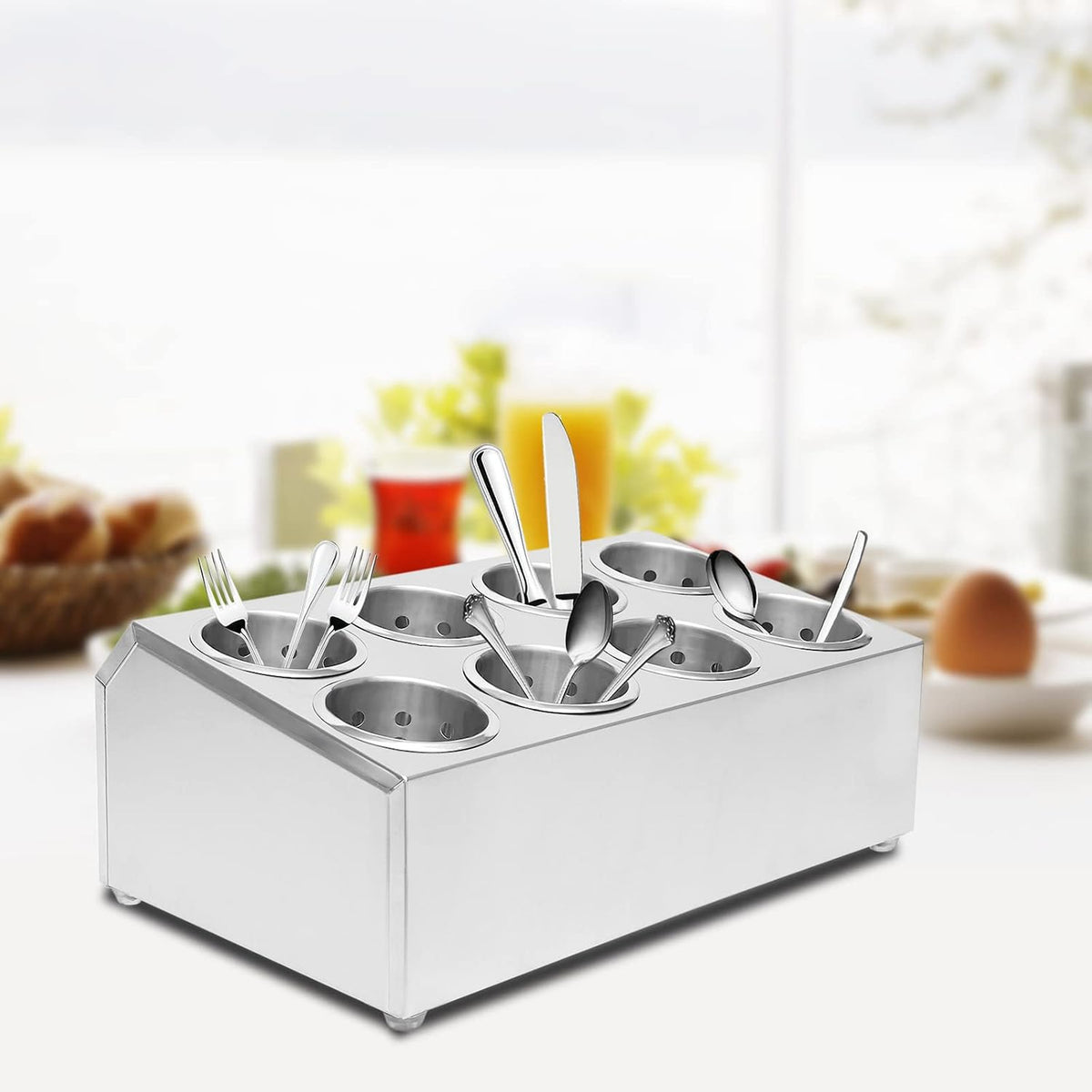 Commercial 4-Hole Stainless Steel Cylinder Flatware Silverware Utensil Holder Organizer Caddy, Detachable Countertop Utensil Dispenser for Forks Spoons Knives for Restaurant Kitchen Buffet