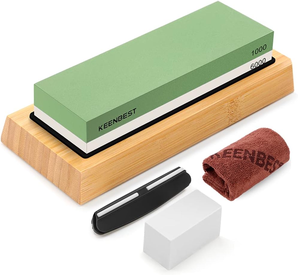 KEENBEST 1000 6000 Grit Whetstone Kitchen Knife Sharpening Stones 2 Side Water Wet Stone Sharpener Kit Japanese Wetstone Anti-Slip Base Angle Guide User Guidebook