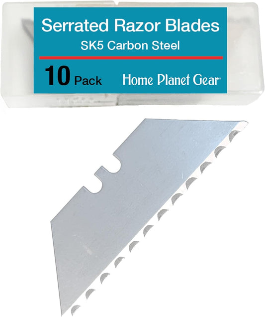 Serrated Blades for Utility Knife – Ten Pack Heavy Duty SK5 Saw Razors for Box Cutter Replacement in Convenient Storage Box – Serrated Edge Razors 10 Pack, Standard Size - Fits Most Cutters & Knives