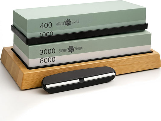 Sharpening Stone Set 400/1000 3000/8000 Grit – Dual Grit Whetstone Knife Sharpening Kit with Angle Guide & Non-Slip Bamboo Base