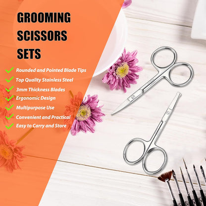 LePinko Facial Hair Small Grooming Scissors For Men Women, 2PCS Silver | Eyebrow, Nose Hair, Mustache, Beard, Eyelashes, Ear Trimming Kit, Curved and Rounded Safety Tip, Hair Cutting Clippers