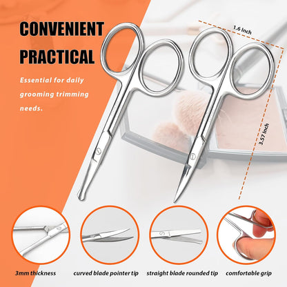 LePinko Facial Hair Small Grooming Scissors For Men Women, 2PCS Silver | Eyebrow, Nose Hair, Mustache, Beard, Eyelashes, Ear Trimming Kit, Curved and Rounded Safety Tip, Hair Cutting Clippers
