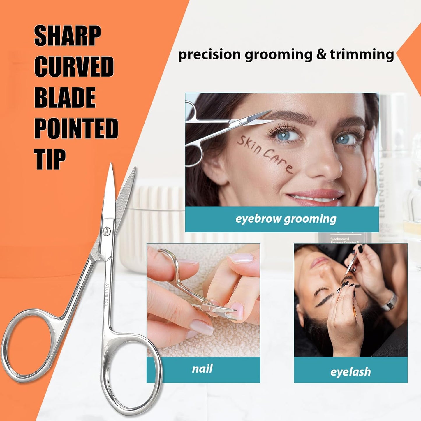 LePinko Facial Hair Small Grooming Scissors For Men Women, 2PCS Silver | Eyebrow, Nose Hair, Mustache, Beard, Eyelashes, Ear Trimming Kit, Curved and Rounded Safety Tip, Hair Cutting Clippers
