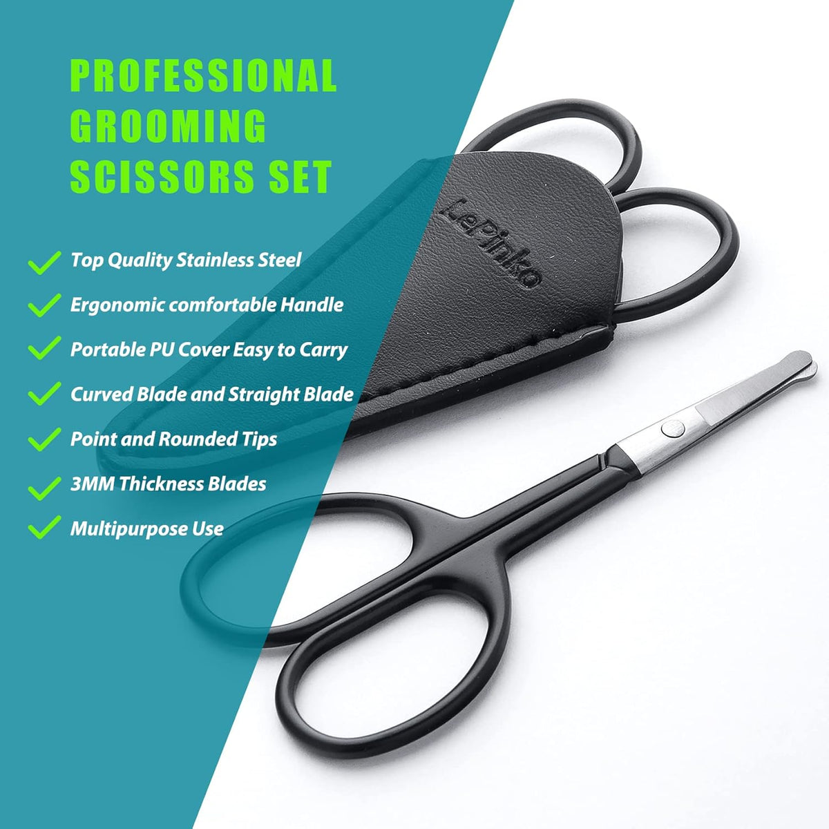 LePinko Facial Hair Small Grooming Scissors For Men Women, 2PCS Silver | Eyebrow, Nose Hair, Mustache, Beard, Eyelashes, Ear Trimming Kit, Curved and Rounded Safety Tip, Hair Cutting Clippers