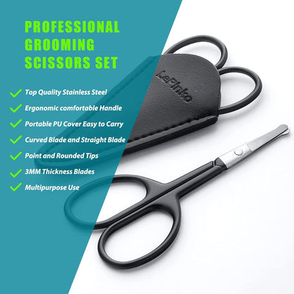 LePinko Facial Hair Small Grooming Scissors For Men Women, 2PCS Silver | Eyebrow, Nose Hair, Mustache, Beard, Eyelashes, Ear Trimming Kit, Curved and Rounded Safety Tip, Hair Cutting Clippers