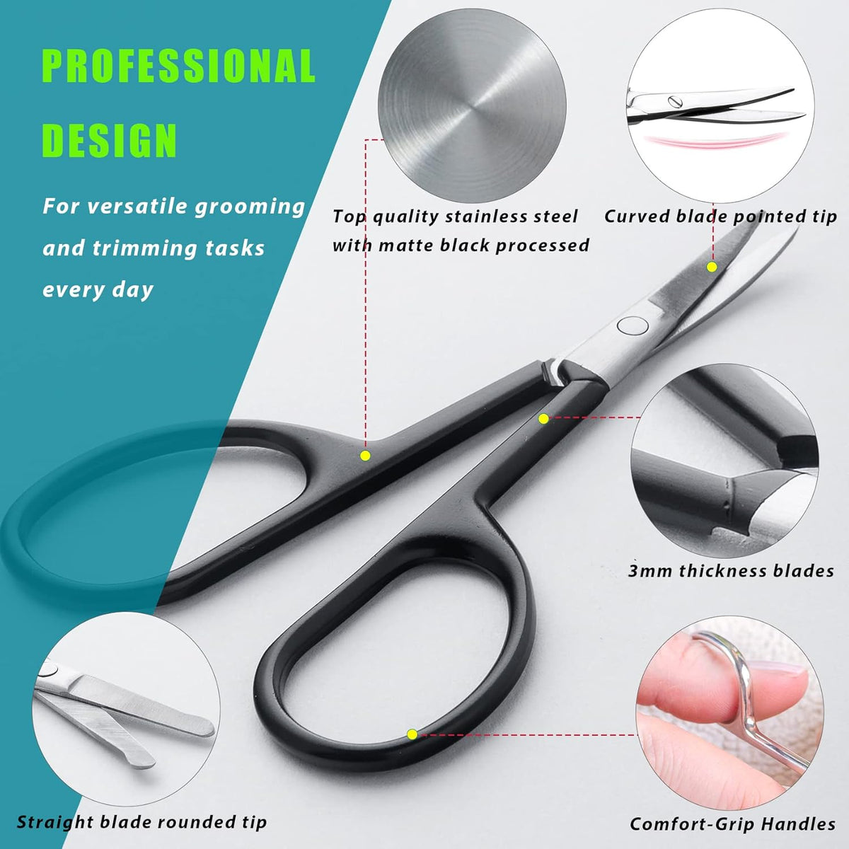 LePinko Facial Hair Small Grooming Scissors For Men Women, 2PCS Silver | Eyebrow, Nose Hair, Mustache, Beard, Eyelashes, Ear Trimming Kit, Curved and Rounded Safety Tip, Hair Cutting Clippers