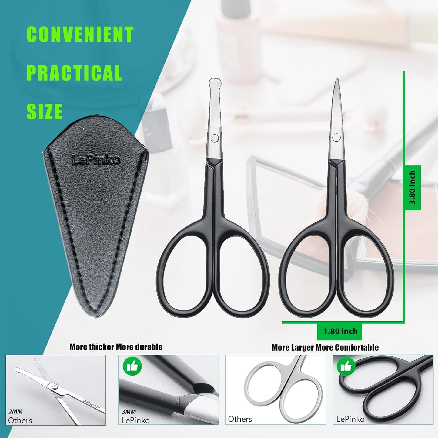 LePinko Facial Hair Small Grooming Scissors For Men Women, 2PCS Silver | Eyebrow, Nose Hair, Mustache, Beard, Eyelashes, Ear Trimming Kit, Curved and Rounded Safety Tip, Hair Cutting Clippers
