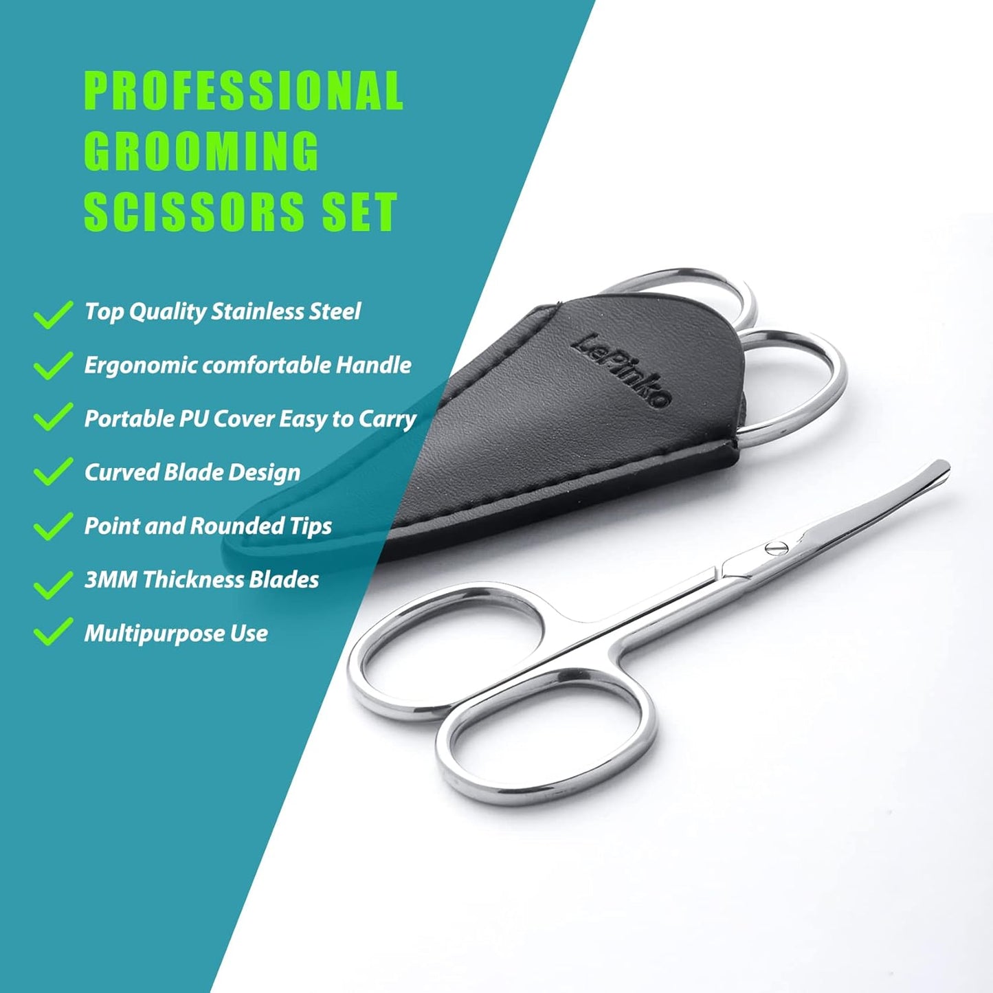 LePinko Facial Hair Small Grooming Scissors For Men Women, 2PCS Silver | Eyebrow, Nose Hair, Mustache, Beard, Eyelashes, Ear Trimming Kit, Curved and Rounded Safety Tip, Hair Cutting Clippers