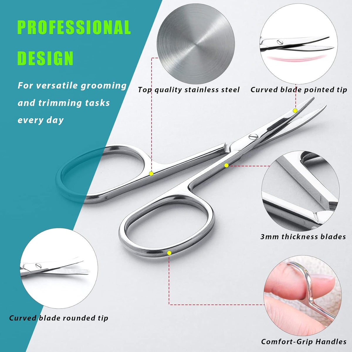 LePinko Facial Hair Small Grooming Scissors For Men Women, 2PCS Silver | Eyebrow, Nose Hair, Mustache, Beard, Eyelashes, Ear Trimming Kit, Curved and Rounded Safety Tip, Hair Cutting Clippers