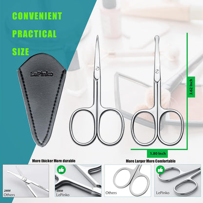 LePinko Facial Hair Small Grooming Scissors For Men Women, 2PCS Silver | Eyebrow, Nose Hair, Mustache, Beard, Eyelashes, Ear Trimming Kit, Curved and Rounded Safety Tip, Hair Cutting Clippers