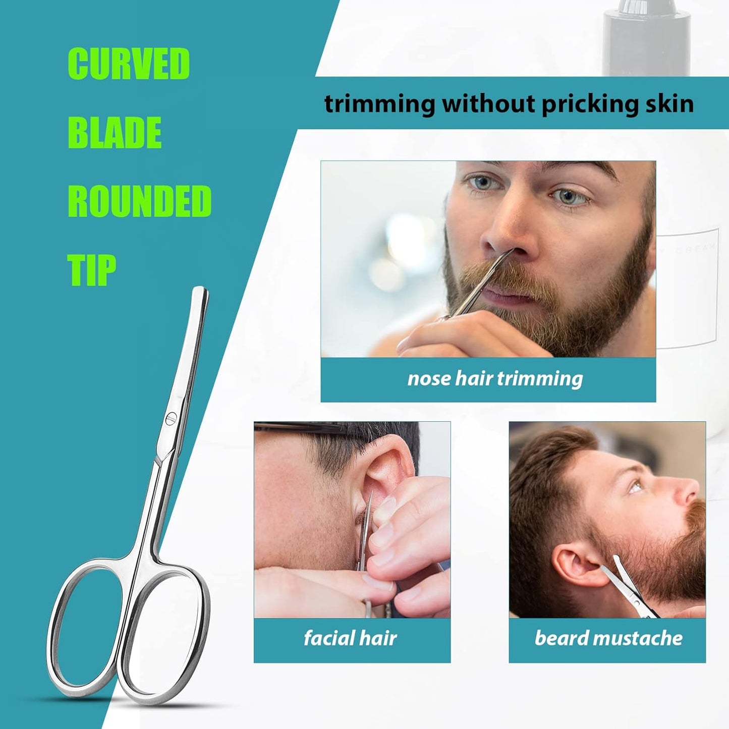 LePinko Facial Hair Small Grooming Scissors For Men Women, 2PCS Silver | Eyebrow, Nose Hair, Mustache, Beard, Eyelashes, Ear Trimming Kit, Curved and Rounded Safety Tip, Hair Cutting Clippers