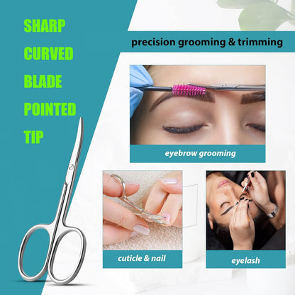 LePinko Facial Hair Small Grooming Scissors For Men Women, 2PCS Silver | Eyebrow, Nose Hair, Mustache, Beard, Eyelashes, Ear Trimming Kit, Curved and Rounded Safety Tip, Hair Cutting Clippers