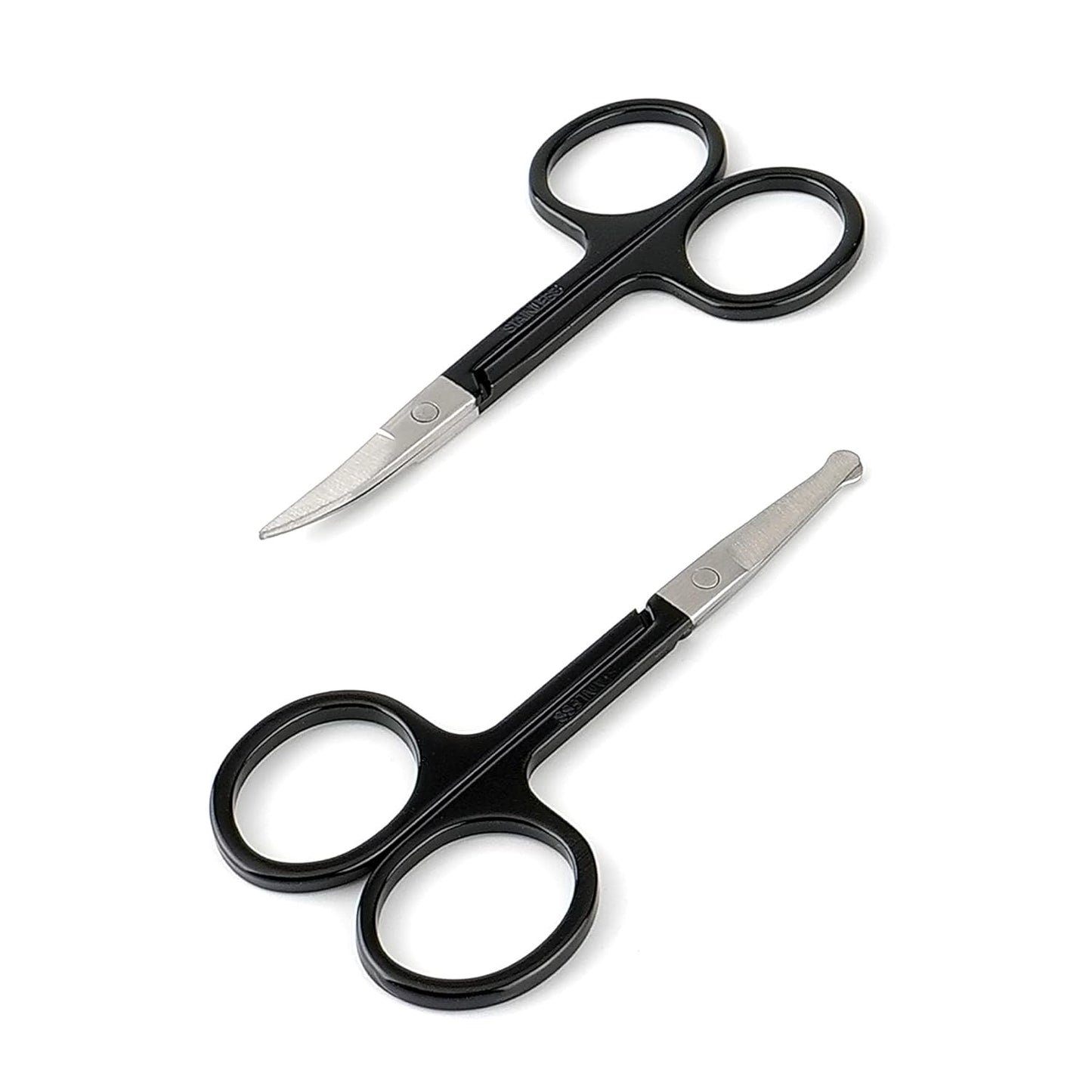 LePinko Facial Hair Small Grooming Scissors For Men Women, 2PCS Silver | Eyebrow, Nose Hair, Mustache, Beard, Eyelashes, Ear Trimming Kit, Curved and Rounded Safety Tip, Hair Cutting Clippers