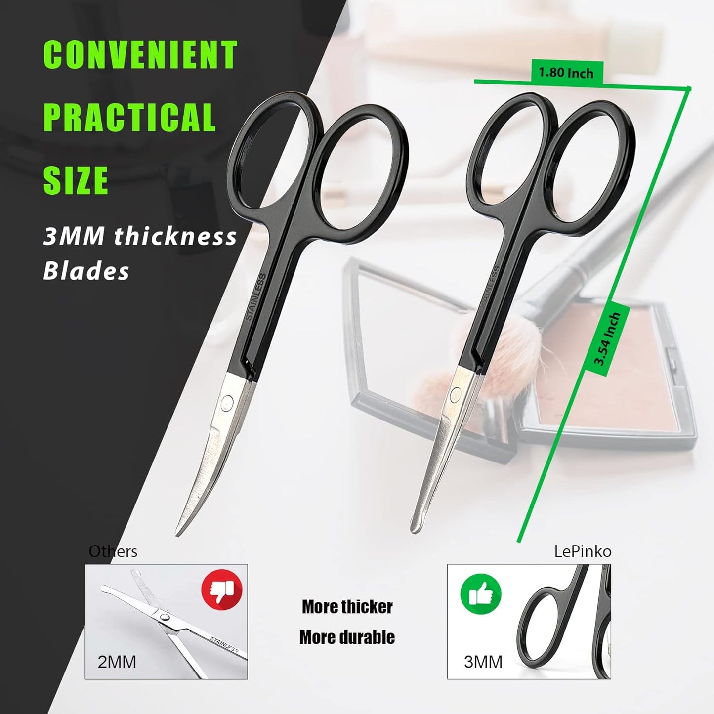 LePinko Facial Hair Small Grooming Scissors For Men Women, 2PCS Silver | Eyebrow, Nose Hair, Mustache, Beard, Eyelashes, Ear Trimming Kit, Curved and Rounded Safety Tip, Hair Cutting Clippers