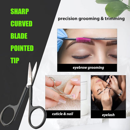 LePinko Facial Hair Small Grooming Scissors For Men Women, 2PCS Silver | Eyebrow, Nose Hair, Mustache, Beard, Eyelashes, Ear Trimming Kit, Curved and Rounded Safety Tip, Hair Cutting Clippers