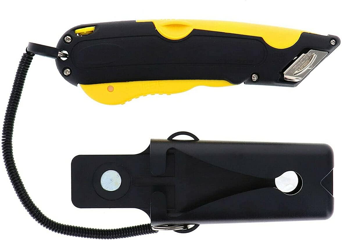 EZ-1000 Safety Box Cutter Utility Knife, 3 Blade Depth Setting, Squeeze Trigger and Dual Side Edge Guide, 2 Blades, Holster and Lanyard (Yellow)