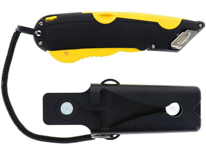 EZ-1000 Safety Box Cutter Utility Knife, 3 Blade Depth Setting, Squeeze Trigger and Dual Side Edge Guide, 2 Blades, Holster and Lanyard (Yellow)
